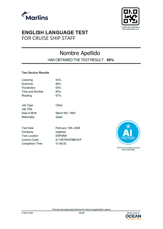 Ejemplo Marlins Online Test for Cruise Ship Staff Certificado 2
