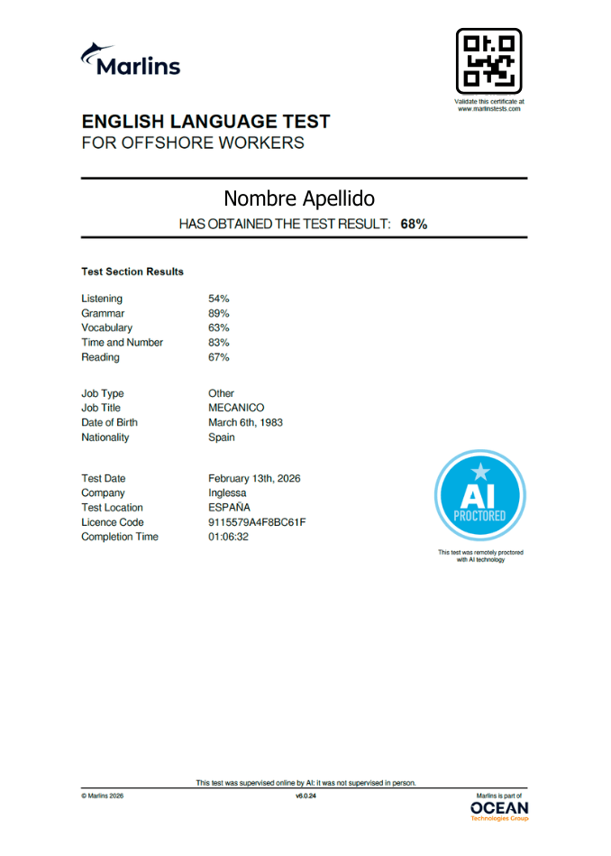 Ejemplo Marlins Online Test for Offshore Workers Certificado 2