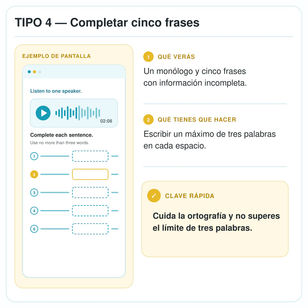 Ejemplo del tipo 4 de Listening de Linguaskill: completar cinco frases