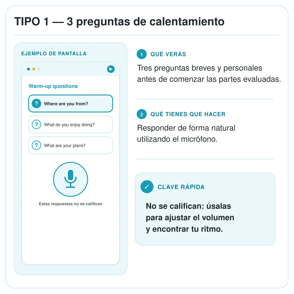 Tipo 1 del Speaking de Linguaskill con tres preguntas de calentamiento no evaluadas