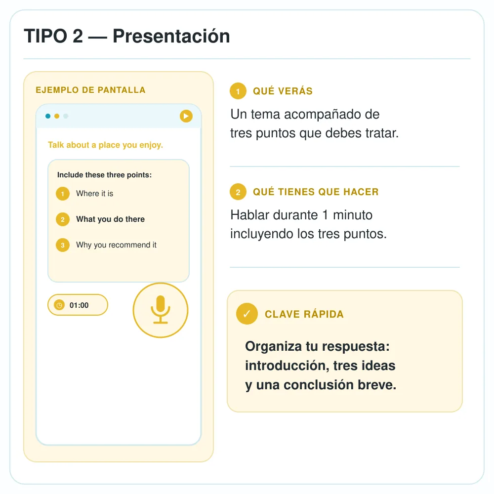 Tipo 2 del Speaking de Linguaskill con una presentación de un minuto sobre tres puntos