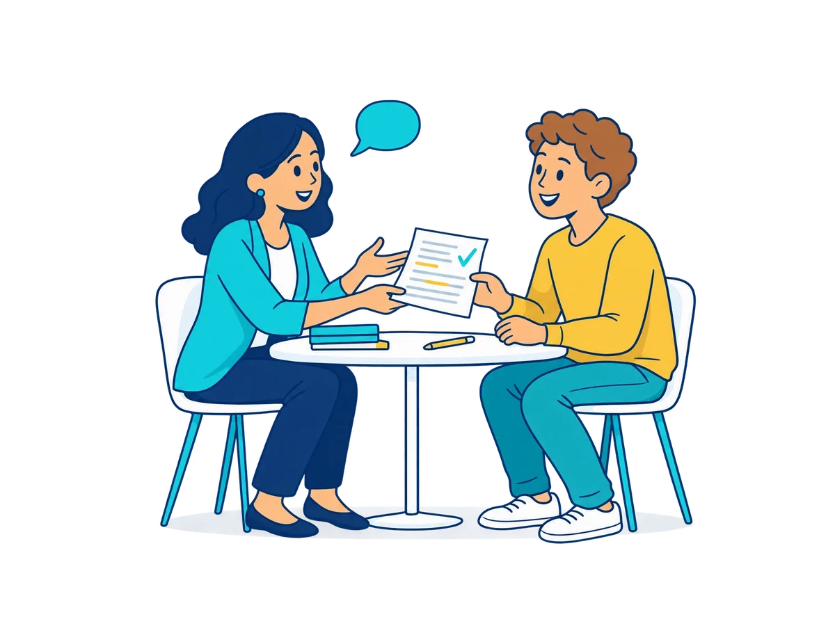 Ilustración de una docente dando feedback personalizado a un alumno para preparar Linguaskill.